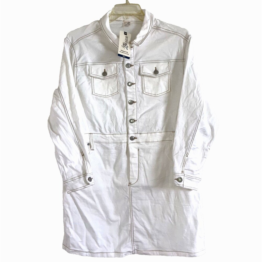TERRA & SKY 1X White 98% Cotton Denim Utility Jeans Overalls Jumper Dress Plus